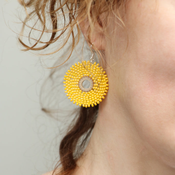 Yellow Beaded Disk Earrings